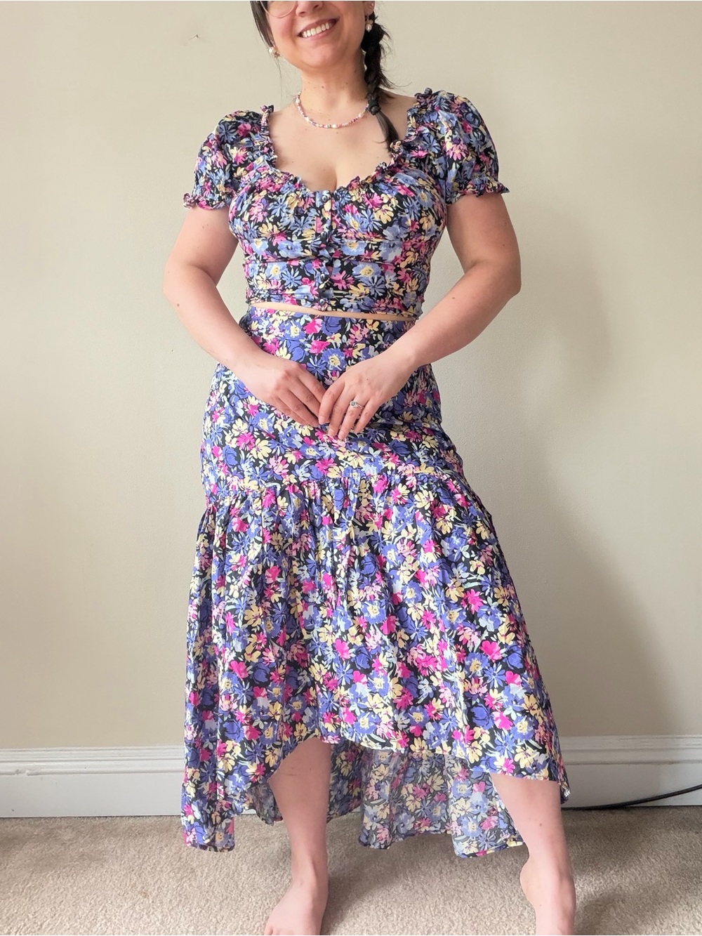 Gina Tricot Floral Puff-Sleeve Two-Piece Set in Purple, Pink & Yellow